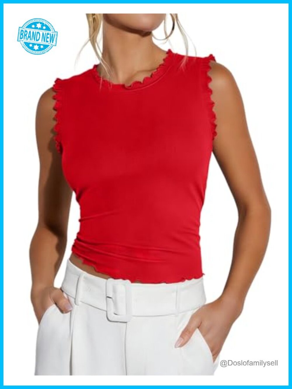 Womens Rib Knit Ruffle Tank Top Sleeveless Crop Blouse